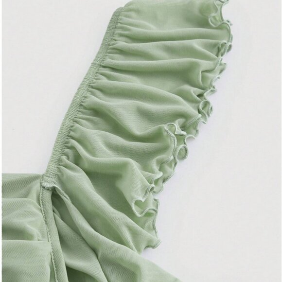 SHEIN MOD 2XL 16 Plus Green Ruffle Trim Mesh Crop Cami Top Shoulder Strap Blouse - Picture 3 of 5